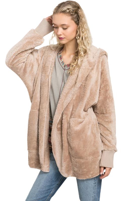 Hem & Thread Fuzzy knit open front, hooded cardigan with pockets L2394 - Taupe Fuzzy - front view