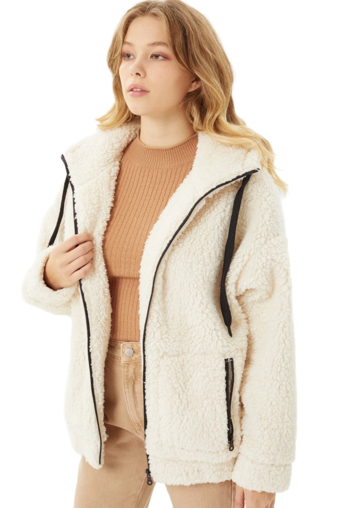 Love Tree Sherpa Brushed Zip-Up Hoodie - Natural - Side View