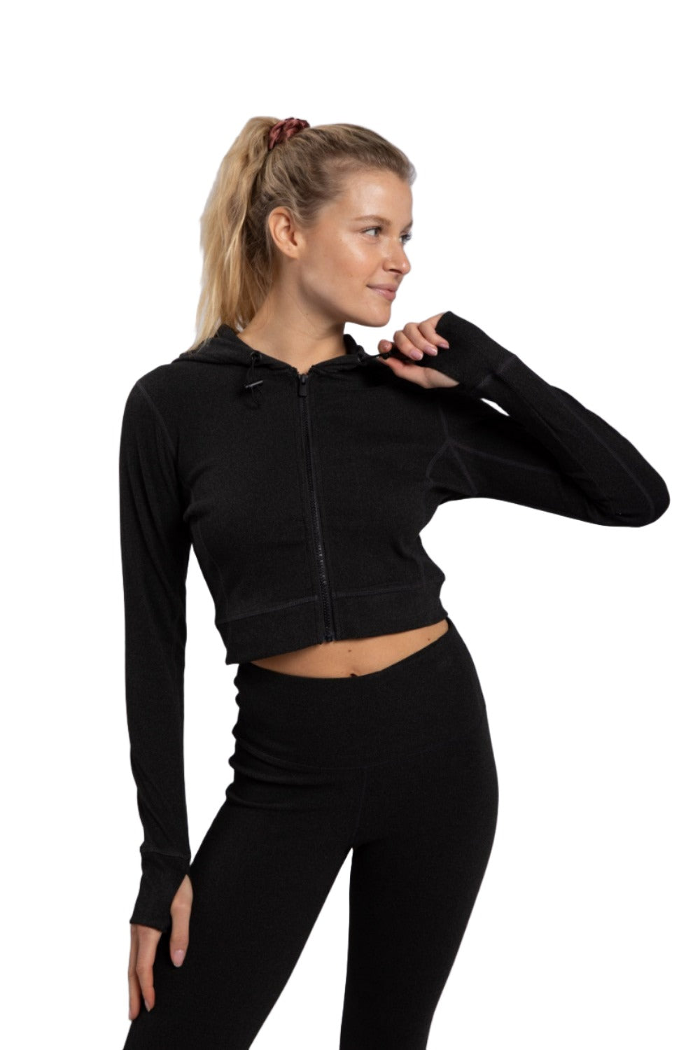 Mono B Cropped Zip Hoodie with Thumbholes AJ-A1061 - Black - Rear View