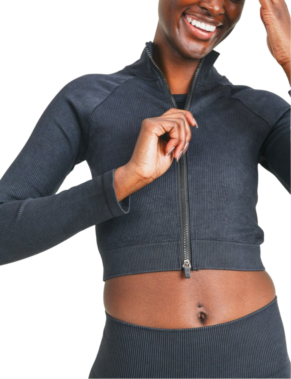 Mono B Cropped Raglan Ribbed Jacket AJ3032 - Black - Rear View