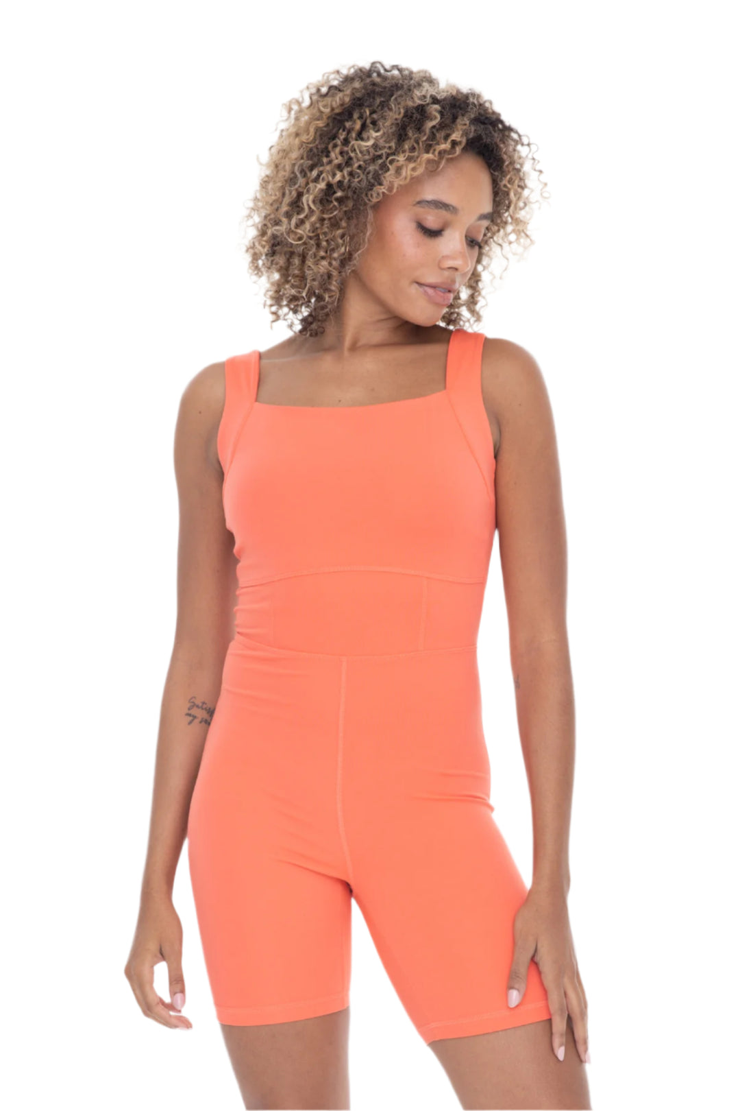 Mono B Venice Paneled Waist Short Unitard - Hot Coral - Front View