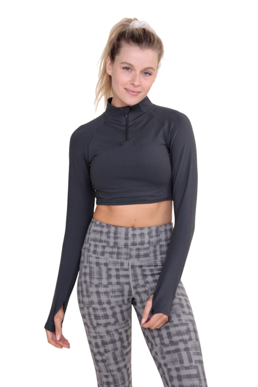 Mono B GREEN - High-Neck Cropped Active Top Long Sleeve AT8082 - Grey - Front View2