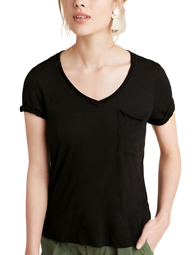 TLA V-Neck Tee Shirt with Pocket - Black - front view