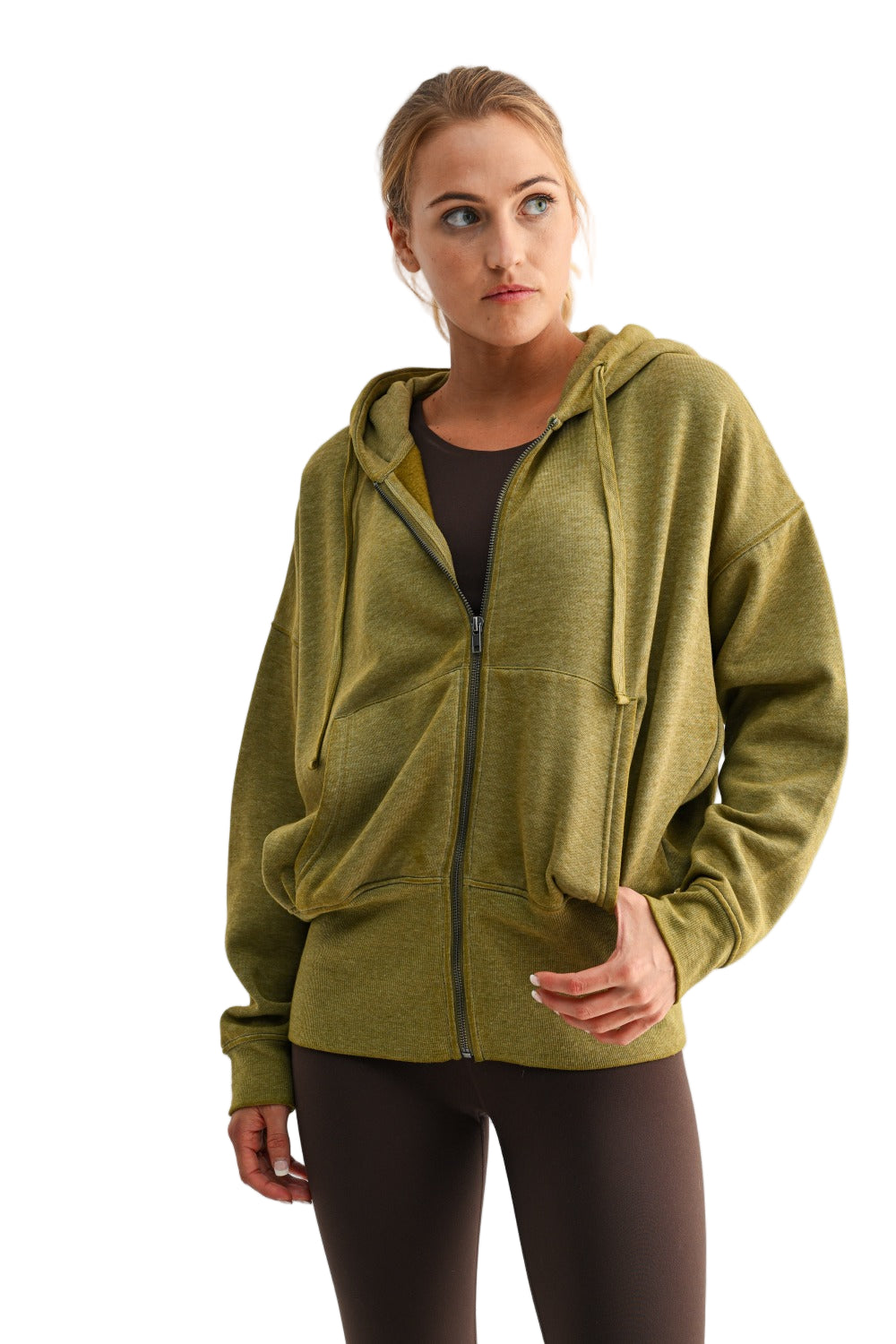 Mono B Fleece Hoodie Jacket - Camo Green - Front View