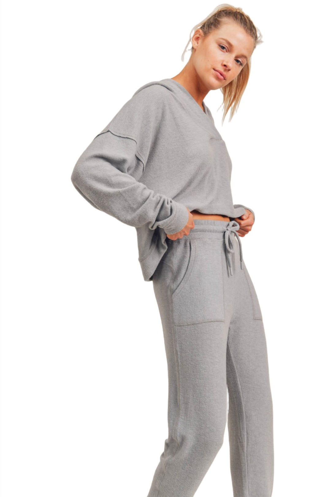 Mono B Hacci V-Neck Hoodie KT-A0732 - Grey - Side View