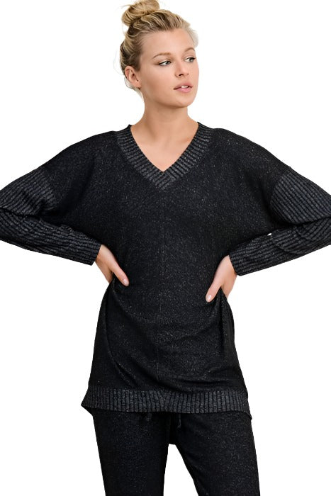 Mono B V Neck Hacci Sweater KT11253 - Black - front view