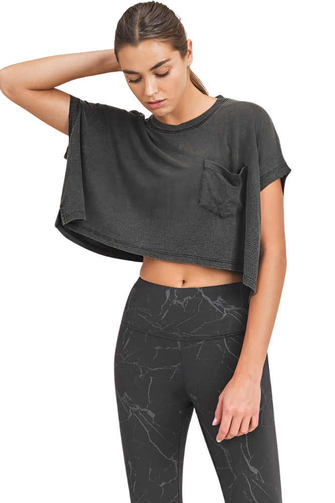 Mono B Crop Mineral Wash Short Sleeve Pocket Top KT11734 - Black - Front View