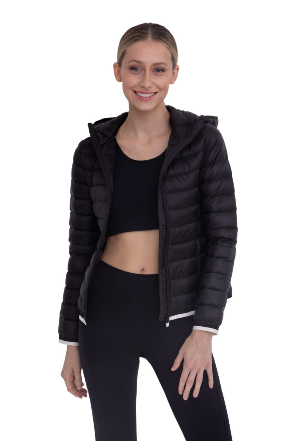 Mono B Padded Puffer Jacket with Hood SB041 - Black - Front View